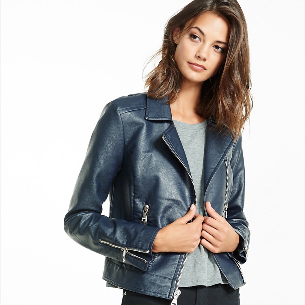 (Minus The) Leather Navy Blue Moto Jacket Coat - Picture 3 of 8